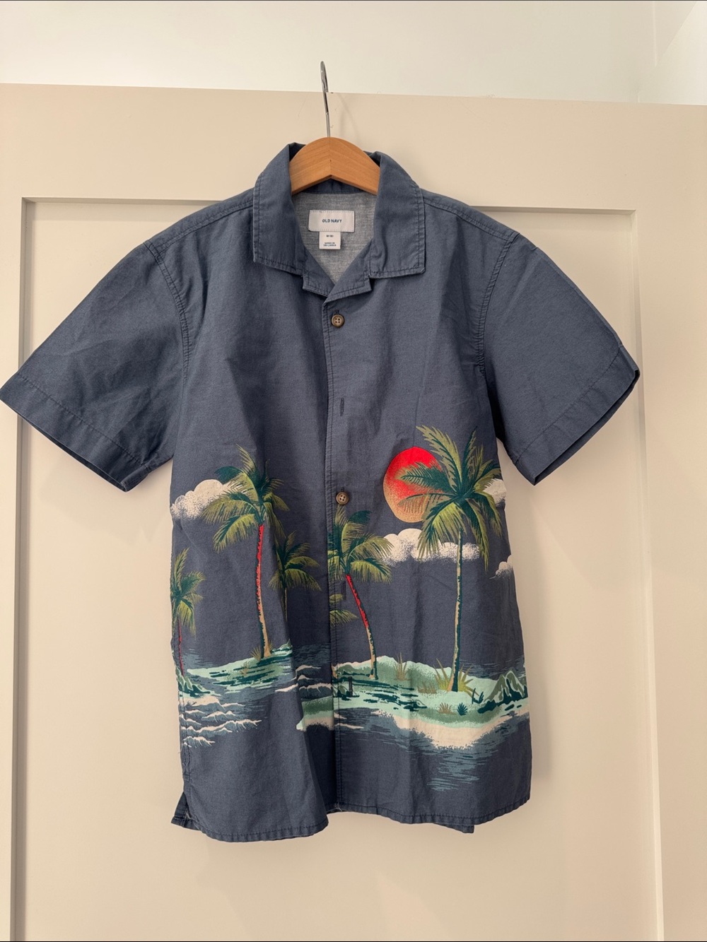 Old Navy Navy Short-Sleeve Tropical Palm Print Button-Down Shirt
